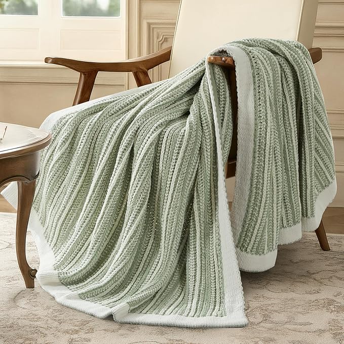 Amélie Home Striped Knit Throw Blanket for Couch, Dual-Sided Soft Chenille Decorative Blankets for Sofa & Chair, 50"x60", Sage Green & White