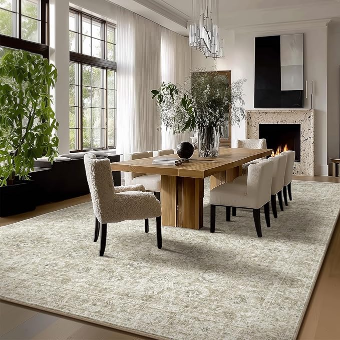 Washable Rugs for Living Room: 9x12 Area Rugs for Bedroom Ultral Soft Non-Slip Stain Resistant Vintage Boho Large Carpet for High-Traffic Dining Room - Farmhouse Decor