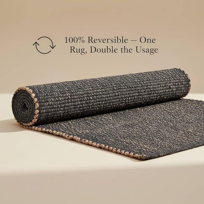 Charcoal Gray 8x10 Cotton Jute Rug Braided Construction - Farmhouse Woven Carpet - Mid-Century Modern Floor Covering for Bedroom Living Room, 8' x 10'
