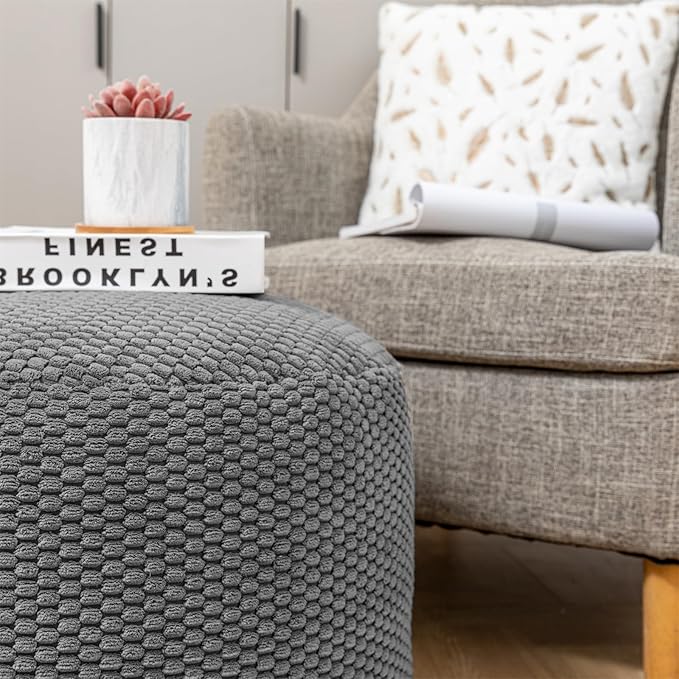Pouf Ottoman Stuffed High Density Filler Velvet Floor Pouf Round Foot Stool 20 * 12 Inches Ottoman Foot Rest for Living Room, Home Decor (Dark Gray)