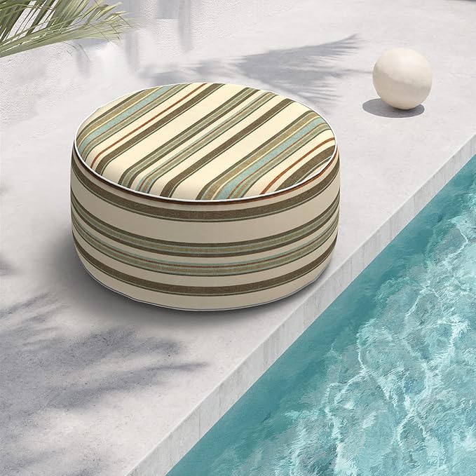 Indoor/Outdoor Inflatable Ottoman, All Weather Ottoman Pouf D31 x H14 inch, Round Foot Rest Ottomans Portable Footstool for Patio, Garden, Porch, Home,Stripe Onyx