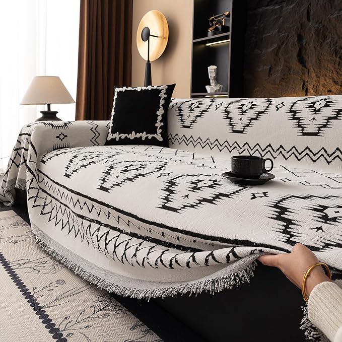 VClife Boho Aztec Couch Cover Retro Couch Cover for 2 Cushion Couch Sofa, Western White Loveseat Cover with Black Tribal Pattern, Soft Thick Chenille Furniture Sofa Covers wit Tassel, White, 71"X118"