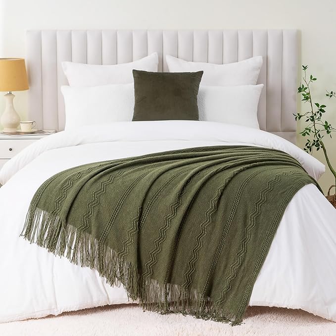 BATTILO HOME Olive Green Throw Blanket for Couch, Soft Army Green Blanket with Tassels for Home Decor, Decorative Knitted Throws for Couch Cover, 50"x60"