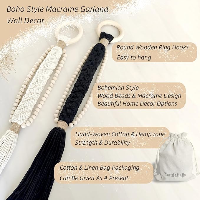 Boho Wall Decor Macrame Beige Wall Hanging with Wood Bead Tassel Western Farmhouse Rustic Cozy Art for Living Room Bedroom Dinning Room Hallway Entryway Door Shelf Dorm (Beige)