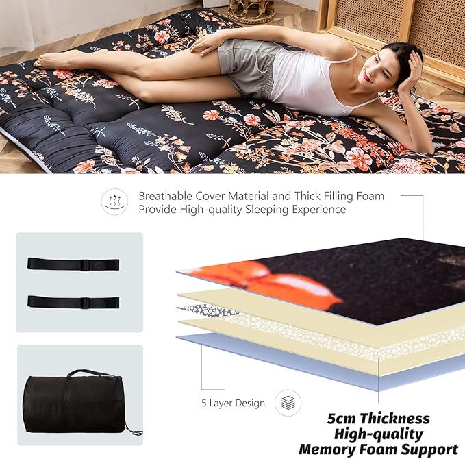 MAXYOYO Black Floral Japanese Futon Floor Mattress, Bed Mattress Topper Portable Thick Sleeping Pad Floor Bed Roll Up Camping Mattress Folding Couch Bed Mattress Pad for Guest Room, Twin Size
