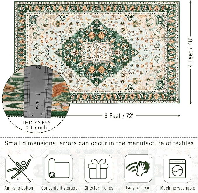 Amearea Vintage Design Area Rugs for Living Room, 4x6 Machine Washable Floral Collection Traditional Bedroom Rug, Low Pile Cute Kids Room Print Carpet, No Slip Office Kitchen Home Decor, Green