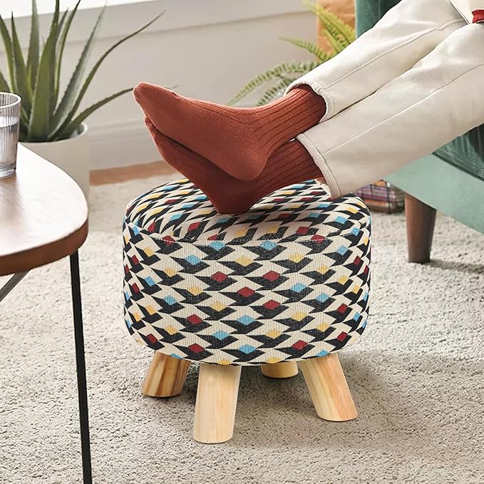 Asense 11-inch Round Ottoman Footstool,Small Padded Seat with Wood Legs,Foot Rest Stool for Living Room Bedroom Couch,Multi-Color