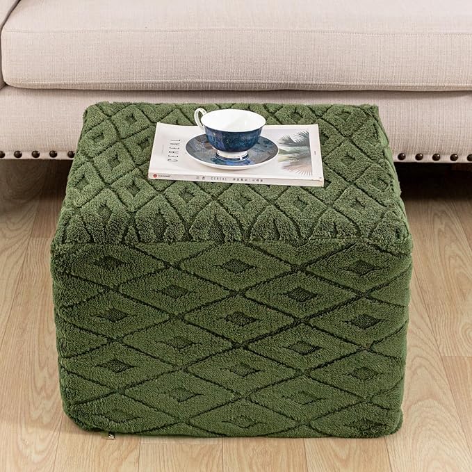 Fluffy Square Ottoman Pouf with All-in-One Foam Filling 20 x 14 Inches Furry Ottoman Foot Rest Foot Stool for Living Room or Bedroom (Green)