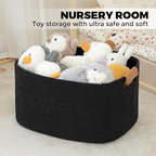 danpinera Large Woven Basket, 108 L Blanket Basket for Living Room, Nursery Bin for Toys Organizing & Laundry, Cotton Rope Hamper with Leather Handle, 25’’*16’’*16’’ Black