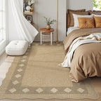 LIVEBOX Easy Jute Diamond Rug for Living Room, Scalloped Washable 5x7 Tan Rug for Bedroom, Geometric Checkered Non-Slip Indoor Outdoor Rug Dining Room Modern Carpet Area Rug for Patio Home Office Mat