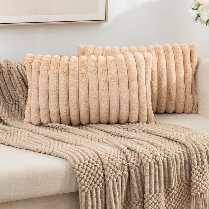 ZLINA Set of 2 Apricot Faux Fur Decorative Throw Pillow Covers Fluffy Striped Pillowcase Cushion Covers 12 x 20 Inch Decor Sofa Couch Bedroom