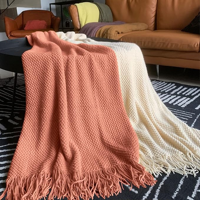 LOMAO Knitted Throw Blanket with Tassels Bubble Textured Lightweight Throws for Couch Cover Home Decor (Coral, 60x80)