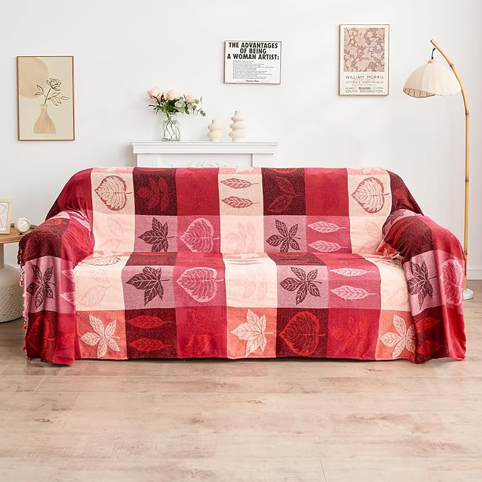 Bohemian Chenille Jacquard Tassel Throws - Reversible Red&Pink Maple Leaf Design for Boho Hippie Vibes - Oversized Blankets for Large Couch, Furniture, Sofa, Chair…