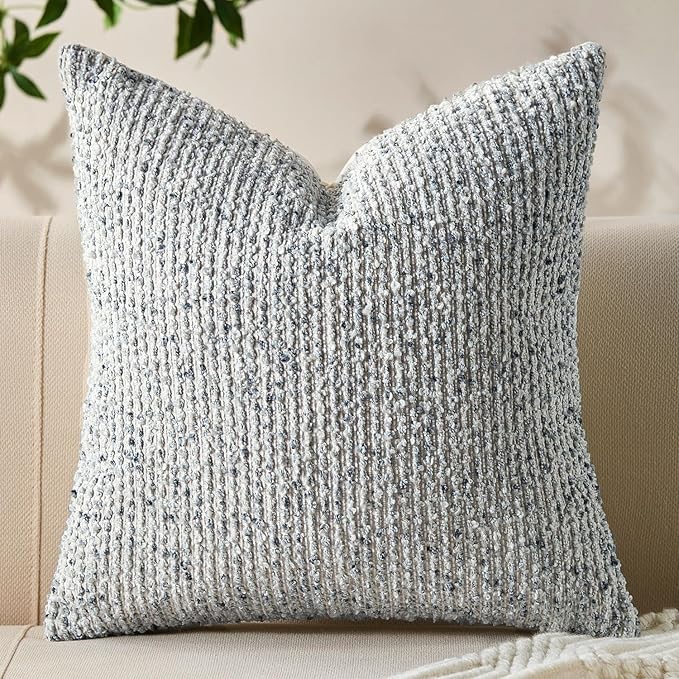 Decorative Couch Throw Pillow Covers 18x18 Blue Striped Soft Wool Pillow Covers Neutral Textured Boho Cushion Covers for Modern Farmhouse Sofa Bedroom Living Room Decor SY011-C18