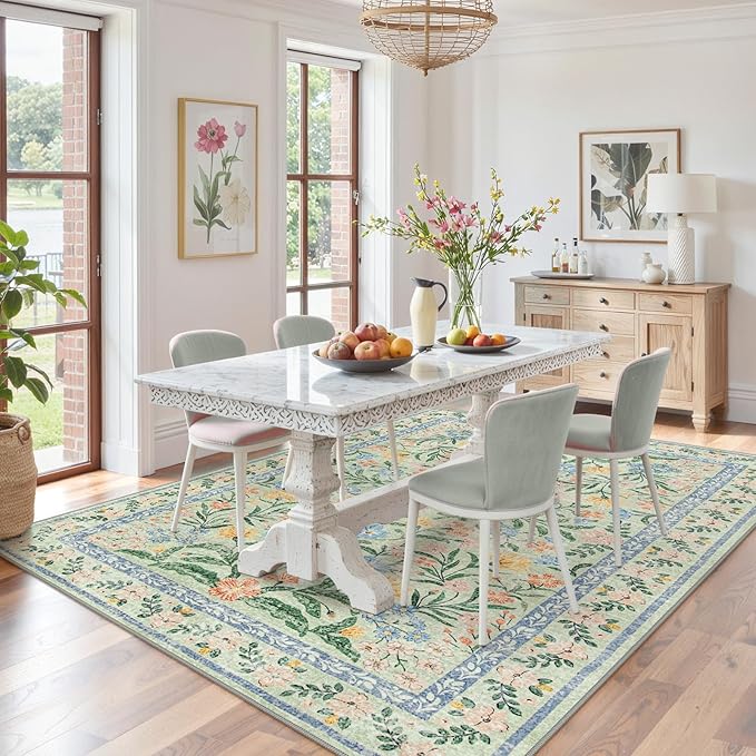 Lahome Sylvie Machine Washable Area Rugs 8x10 Non Slip, Soft Boho Living Room Rugs, Ultra-Thin Vintage Cottage Throw Carpet for Home Office Dinning Room Kids Playroom, Green/Multi