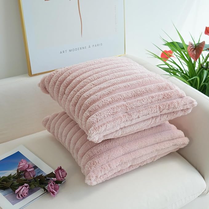 JOJUSIS Pack of 2 Faux Fur Plush Decorative Throw Pillow Covers Couch Cushion Case Soft Pillowcases (Pink, 20 x 20-Inch)