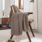 FOSSA Muslin Blanket with Fringe - 4-Layer 100% Cotton Gauze Super Soft & Breathable Throw -Lightweight Decorative Cooling Blanket for Bed, Sofa, Office (Pale Brown, Queen (90" × 90"))