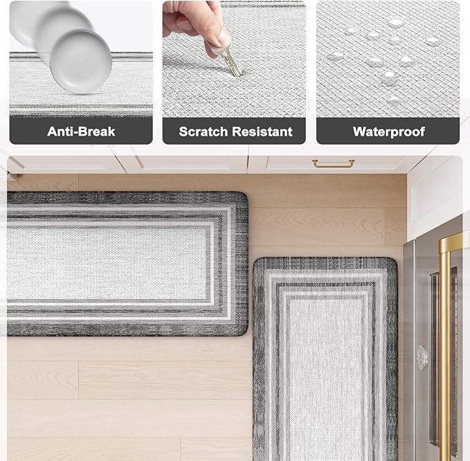 KIMODE Anti Fatigue Kitchen Mats for Floor 2PCS,17"x47"+17"x29" Farmhouse Kitchen Rugs Non Slip Rubber Backing,Waterproof Cushioned Standing Mat for Office,Laundry,Sink,Desk,Grey