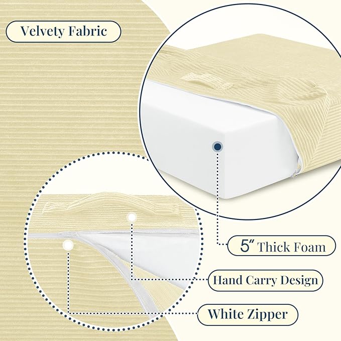 Wellsin Solid Square Floor Pillows for Adults Kids - Large Meditation Floor Pillow Seating Cushion with Thick Foam & Washable Velvet Cover, 2 Pack, 22x22x5 Inch, Beige