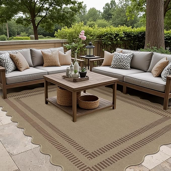 Scalloped 5x7 Rug for Living Room, Easy Jute Washable Outdoor Patio Carpet, Farmhouse Indoor Brown Geometric Rug Neutral Non Slip Carpet for Living Room Backyard