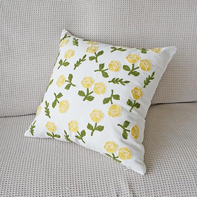 vctops Yellow Rose Embroidered Decorative Throw Pillow Cover Spring Summer Floral Square Pillow Cases Garden Cotton Cushion Cover for Couch Sofa Bed (Flower D,18"x18")