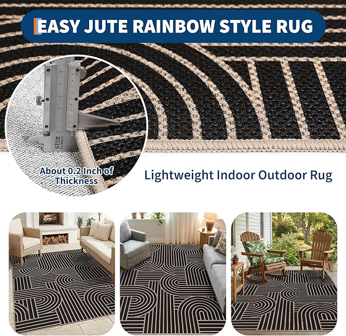 GarveeHome Easy Jute Rug 8x10 Rainbow Abstract Washable Non Slip Living Room Ultra-Thin Bedroom Rug, Non Skid Backing Accent Carpet for Dining Room Office