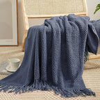 LOMAO Knitted Throw Blanket with Tassels Bubble Textured Lightweight Soft Throws for Couch Cover Home Decor (Navy, 60x90)