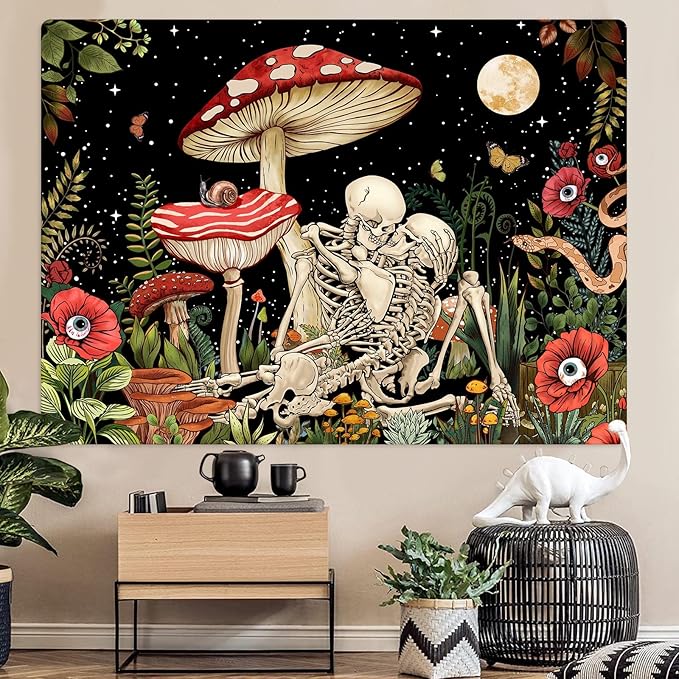 Accnicc Mushroom Skull Tapestry Skeleton Floral Plant Flower Aesthetic Bedroom Tapestries Nature Moon Wall Tapestry for Dorm Living Room (48'' × 36'')
