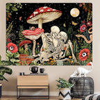 Accnicc Mushroom Skull Tapestry Skeleton Floral Flower Plant Tapestries for Bedroom Aesthetic Hippie Cool Nature Moon Star Wall Art for Dorm Living Room (Red, 90.8'' × 70.4'')