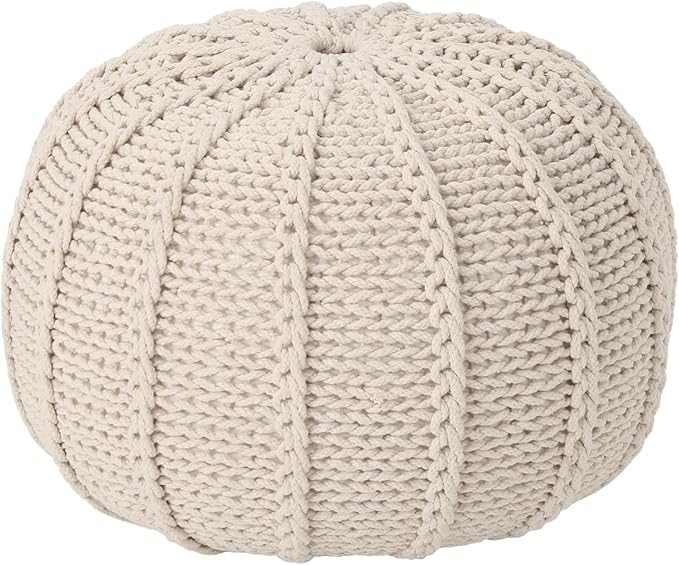 Round Pouf Ottoman, 18" Bordeaux Knitted Cotton Woven Round Pouf, Handmade Woven Bean Bag for Living Room, Floor Bag for Bedrooms, Home, Offices, Sofa Footrest (Beige)