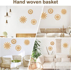 4 Pack Boho Wall Basket Decor Set, Hanging Woven Gourd Grass Rattan Wicker Boho Wall Decor, Round Farmhouse Wall Hanging Baskets Rustic Flat Wall Art for Living Room Bedroom Kitchen (Style 11)