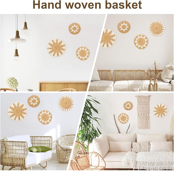 4 Pack Boho Wall Basket Decor Set, Hanging Woven Gourd Grass Rattan Wicker Boho Wall Decor, Round Farmhouse Wall Hanging Baskets Rustic Flat Wall Art for Living Room Bedroom Kitchen (Style 11)