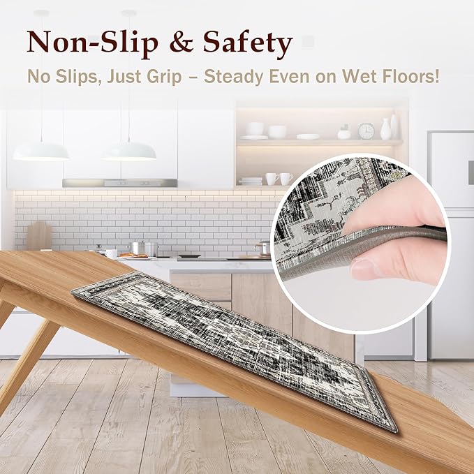 Boho Kitchen Mats for Floor 2 Piece Set Anti Fatigue Cushioned PVC Kitchen Rugs Non Slip Waterproof Farmhouse Mats 2/5 Inch Comfort Standing Mat for Laundry, 17.3"x59"+17.3"x28", Black Brown Grey