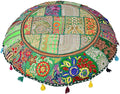 Indian Handmade Patchwork Codework Green Round Pouf Cover Ottoman Floor Pillow Cushion Seating Throw Decorative Pom Pom Pillow Cases Boho 32 Inches
