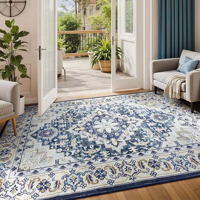 Lessymo 5x7 Area Rug for Living Room - Machine Washable Area Rugs, Super Soft Faux-Wool Area Rugs for Bedroom Kitchen, Boho Rug Vintage Floral Non-Slip Low Pile, Dark Blue