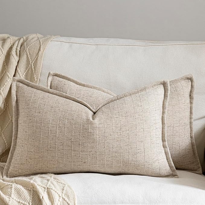 12x20 Linen Pillow Covers Natural Beige Pack of 2 Farmhouse Boho Neutral Accents Striped Textured Rectangular Lumbar Decorative Throw Pillow Cases for Living Room Couch Bed Home Decor