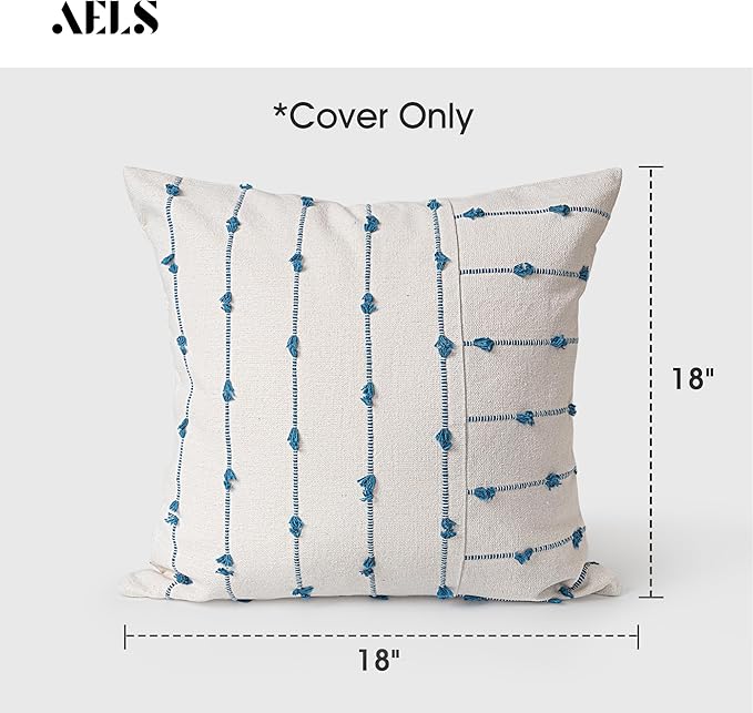 AELS 18x18 Decorative Boho Linen Throw Pillow Covers, Modern Farmhouse Textured Pillow Case, Set of 2, Tufted Stitch Stripe Cushion Cover for Bed Sofa Couch Living Room (Cover ONLY), Blue