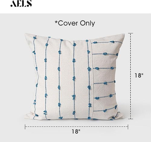 AELS 18x18 Decorative Boho Linen Throw Pillow Covers, Modern Farmhouse Textured Pillow Case, Set of 2, Tufted Stitch Stripe Cushion Cover for Bed Sofa Couch Living Room (Cover ONLY), Blue