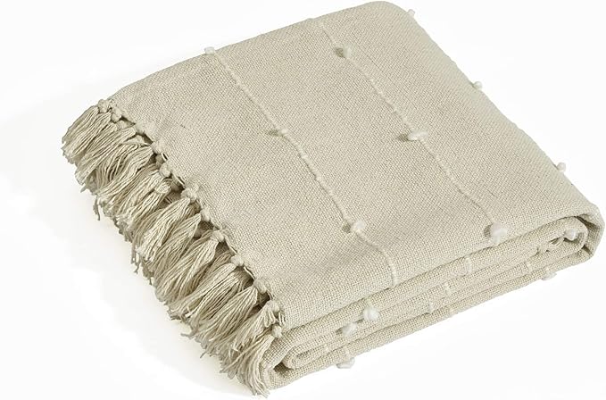 Lush Decor Boho Tufted Cotton Woven Tassel Fringe Throw Blanket Single 50" W x 60" L Neutral - Beige Throw Blankets for Bed - Couch Boho Blankets