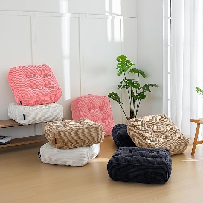 HIGOGOGO 8" Extra Thick Floor Pillow Cushion for Adults, Meditation Cushion Pillow, Large Square Floor Sitting, Tufted Corduroy Cover, for Tatami Living Room or Yoga, 22x22 Inch, Coffee