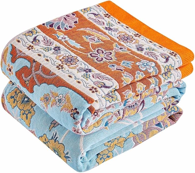 Boho Throw Blanket 100% Cotton Muslin Woven Blanket Bohemian Bed Throws Vintage Rustic Farmhouse Decor Reversible Bed Blanket Quilt for All Seasons（Yellow 90"x98"）