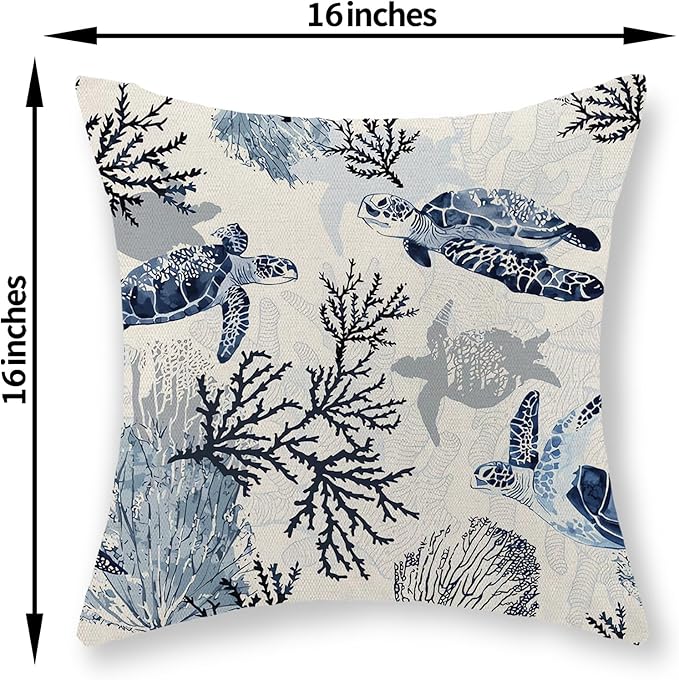 Nautical Coastal Pillow Covers 16x16 Set of 2 Beach Themed Ocean Coral Sea Turtle Decorative Throw Pillows Blue Outdoor Decor Pillow Cases Linen Farmhouse Cushion Case for Sofa Home Holiday