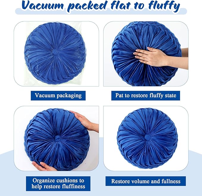 Round Throw Pillows Decorative Pleated Throw Pillows 15'' Diameter Accent Pumpkin Boho Chair Cushion for Couch Sofa Home Decoration(Navy Blue,1 Pcs)