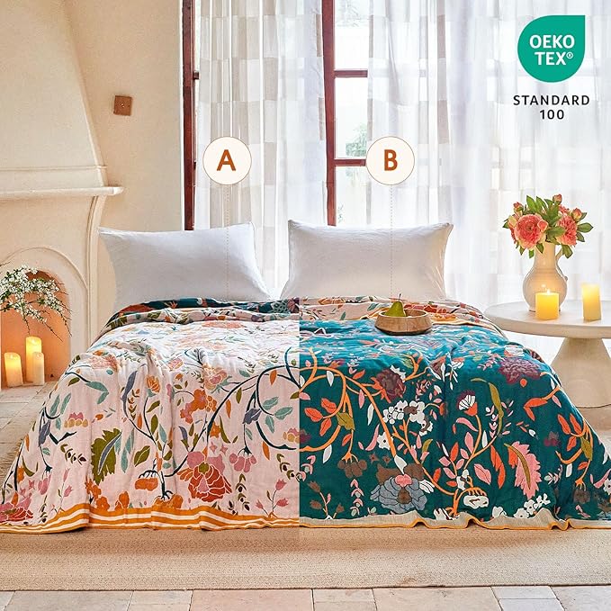 Boho Throw Blanket - 90"x90" 100% Cotton Ultra Soft Lightweight Blanket, 4-Layer Breathable Muslin Spring Blankets for Bed Couch, Reversible Green Floral Printed Bohemian Cotton Quilt