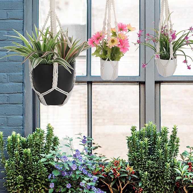 Handmade Macrame Plant Hangers, 2 Pack Cotton Boho Hanging Planters Baskets Plant Holder 19.6 Inch White Rope Flower Pot Holders for Indoor Outdoor Decor