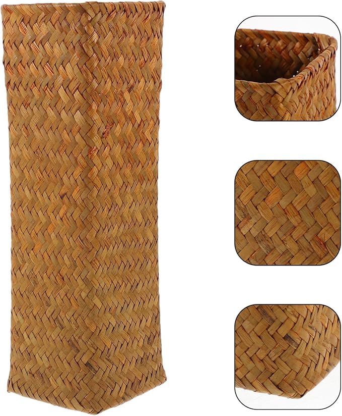Natural Seaweed Weave Basket Handmade Rattan Vase Tall Plant Holder Container Bamboo Weaving Vase Flower Arranger Dried Flower Boho Home Decoration 11inch A