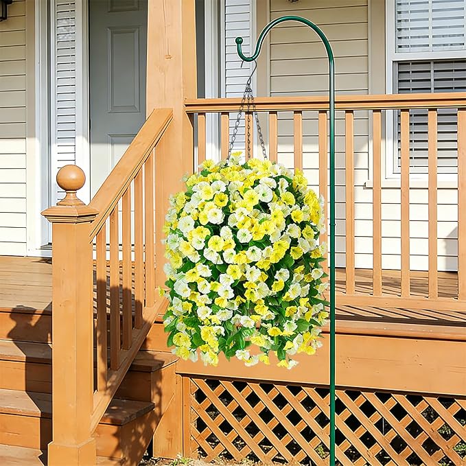 Artificial Flowers with Hanging Basket, Outdoor Faux Plants Silk Morning Glory Vines, Fake Green Arrangement for Garden Patio Spring Summer Decor(Yellow White)