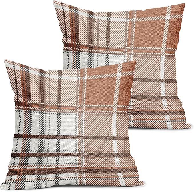 Kawani Fall Orange Grey Plaid Pillow Covers 16X16 Inch Autumn Retro Buffalo Tartan Decorative Pillow Cases Set of 2 Thanksgiving Farmhouse Throw Pillows for Cushion Sofa Couch Outdoor