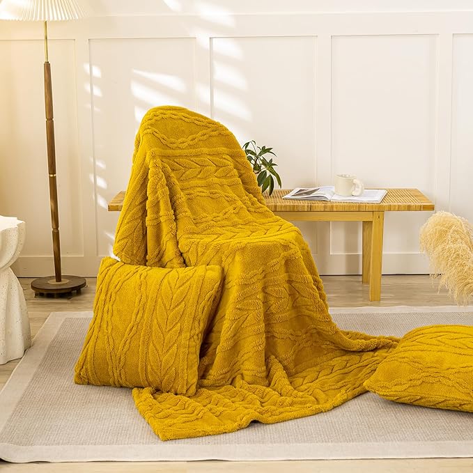 YUSOKI Sherpa Large Throw Blanket Single Layer,Light Weight(1.7lb),370GMS-3D Stylish Design for Gift Home Decor (Mustard Yellow,50"x65")