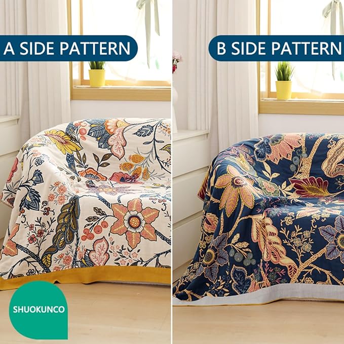 Boho Throw Blanket for Bed 100% Cotton Ultra Soft Rustic Quilt Fall Blanket Bird Floral Printed Farmhouse Decor Bed Blankets,80"×90" All Season Rustic Throw for Sofa Couch Chair